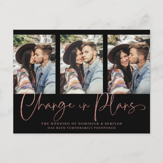 Chic Handwritten Rose Gold Wedding Postponement Postcard (Front)