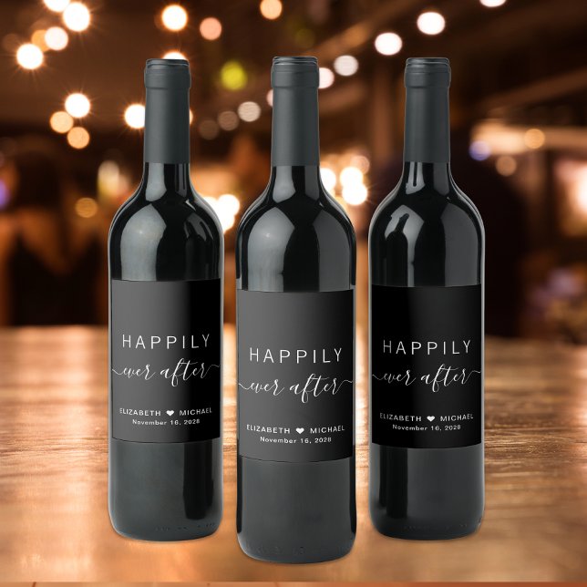 Chic Happily Ever After Black Wedding Wine Label (Creator Uploaded)