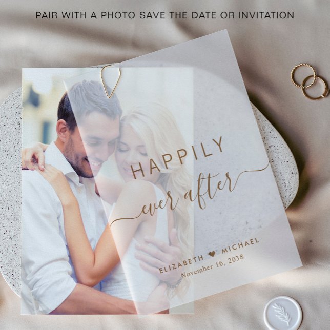 Chic Happily Ever After Gold Wedding Vellum Invitations (Elevate your save the dates and wedding invitations with the timeless beauty of vellum overlays)