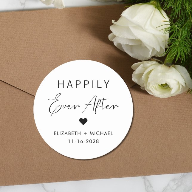 Chic Happily Ever After Wedding Classic Round Sticker (Creator Uploaded)