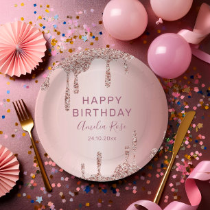 Chic Happy Birthday Rose Gold Glitter  Paper Plate