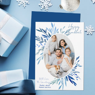 Chic Happy Hanukkah Blue Botanical Family Photo Holiday Card