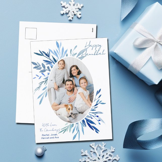 Chic Happy Hanukkah Blue Botanical Family Photo Holiday Postcard (Creator Uploaded)