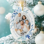 Chic Happy Hanukkah Family Photo Blue Ceramic Ornament<br><div class="desc">Beautiful blue watercolor botanical leaves spring out of your vertical Jewish family photograph for a Happy Hanukkah ornament. Personalise this chic Chanukah photo gift for the holidays.</div>