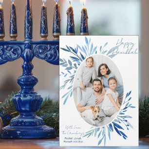 Chic Happy Hanukkah Family Photo Blue Magnet Card