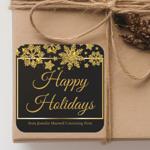 Chic Happy Holidays Black Gold Snowflake Custom Square Sticker