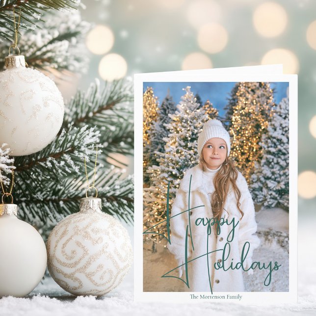 Chic Happy Holidays Green Script Overlay Photo Holiday Card (Creator Uploaded)