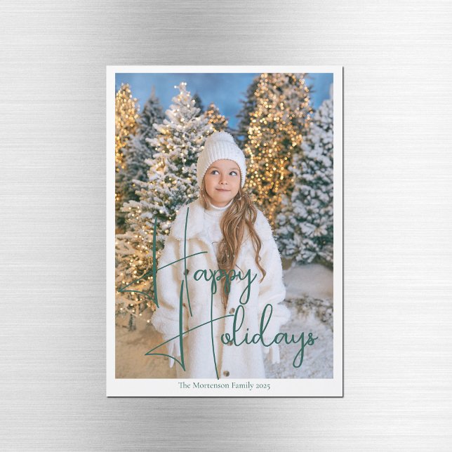 Chic Happy Holidays Green Script Photo Magnet Card (Creator Uploaded)