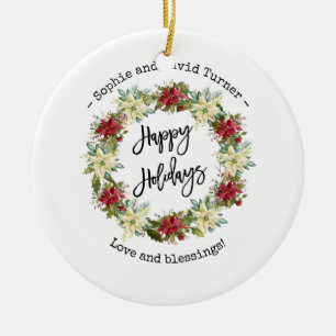 Chic Happy Holidays Script Poinsettia Monogram Ceramic Ornament