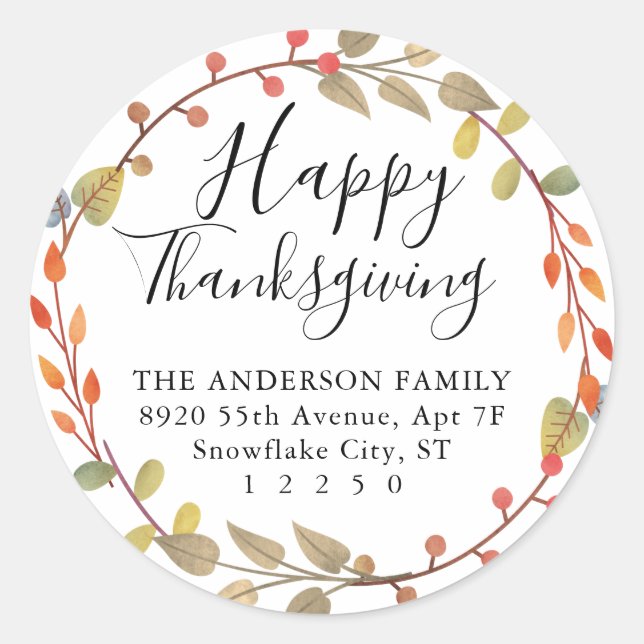 Chic Happy Thanksgiving Fall Autumn Wreath Address Classic Round Sticker (Front)