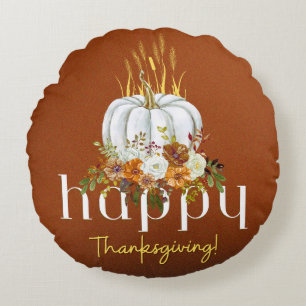 Chic Happy Thanksgiving Fall Floral Pumpkin Brown  Round Cushion