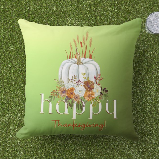 Chic Happy Thanksgiving Pumpkin Fall Floral Green  Cushion (Grass)