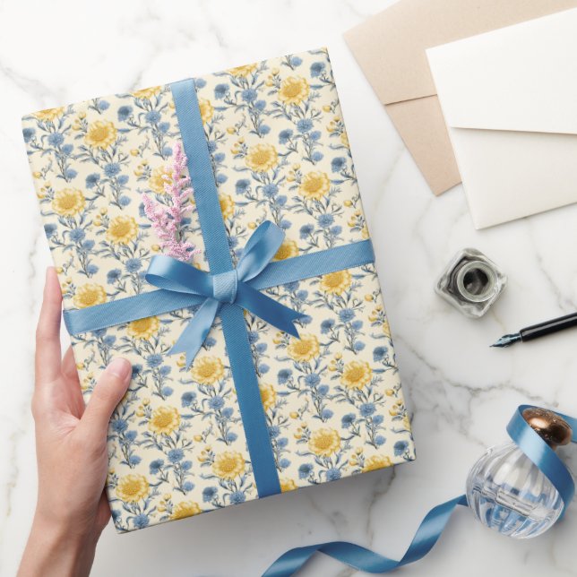 Chic Harmony:  Lemon & Blue Floral Wrapping Paper (Gifting)