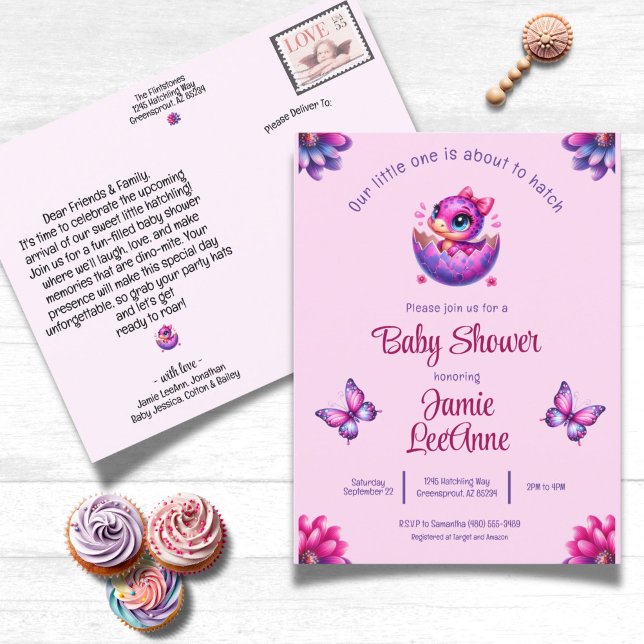 Chic Hatching Soon Pink Dinosaur Baby Shower Postc Postcard (Hatching Soon Pink Dinosaur Baby Shower Postcard Invitation)