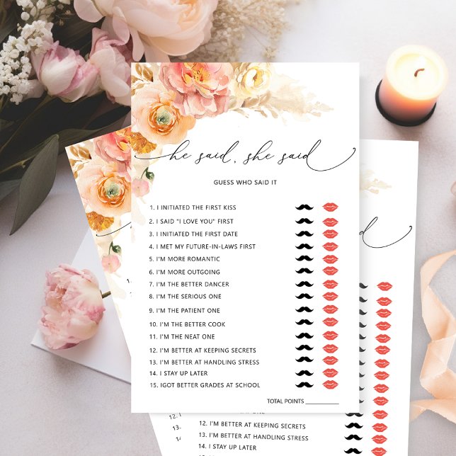 Chic He Said, She Said Floral Bridal Shower Game (Creator Uploaded)