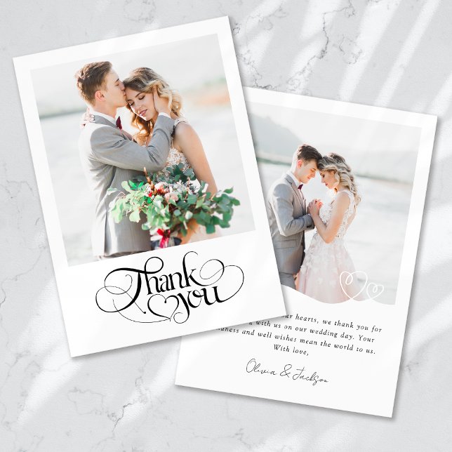 Chic Heart Calligraphy Modern Photo Wedding Thank You Card (Creator Uploaded)
