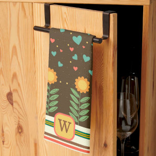 Chic Heart Floral Pattern Brown Monogram Initial   Tea Towel