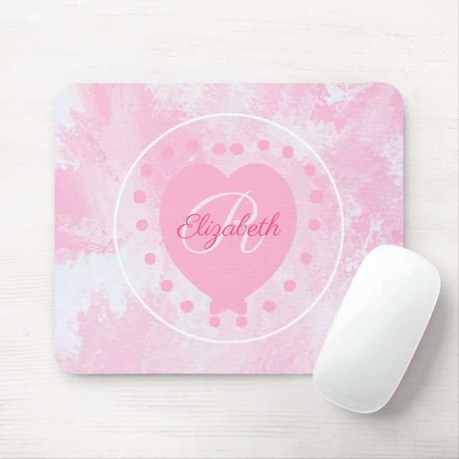 Chic Heart Initial Letter Monogram Pink White Mouse Pad (With Mouse)