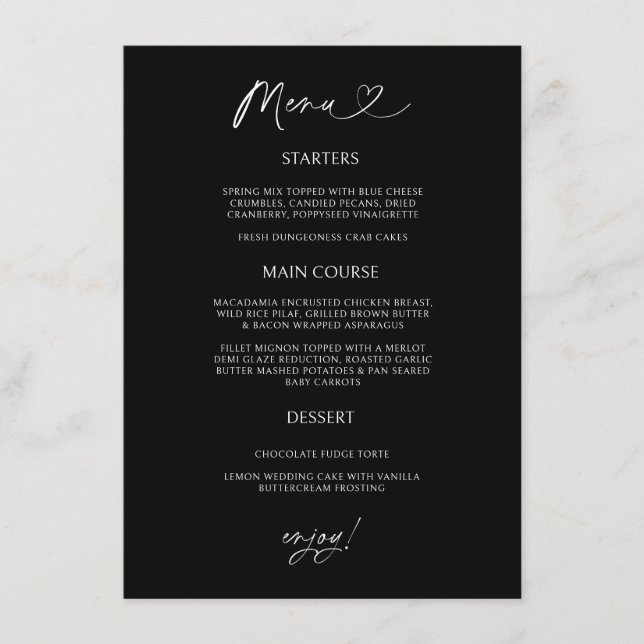 Chic Heart Menu Card Minimal Reception Dining (Front)