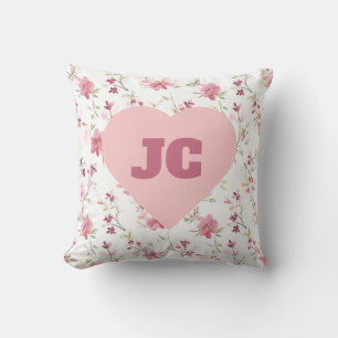 Chic Heart Monogram Initials Pink Floral Shabby Cushion