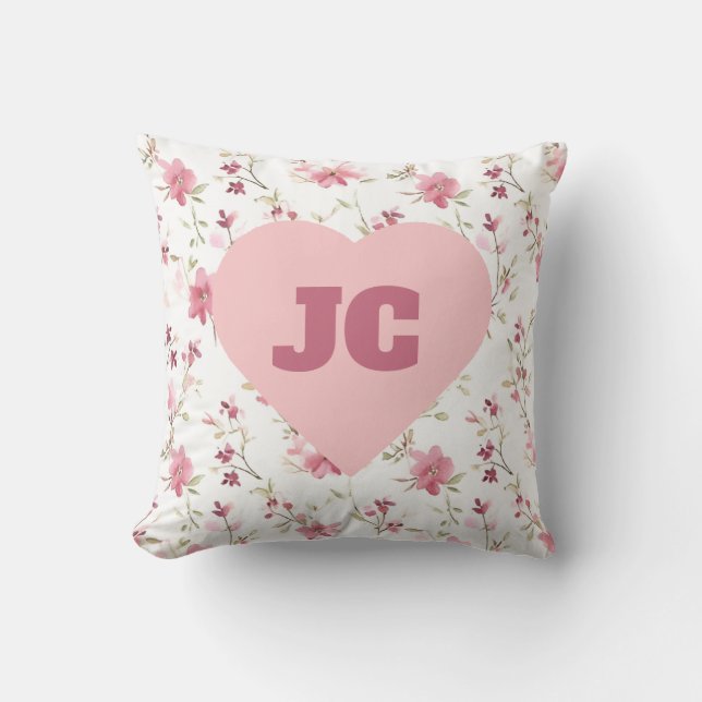 Chic Heart Monogram Initials Pink Floral Shabby  Cushion (Front)
