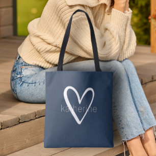 Chic Heart Navy Blue Personalised Tote Bag
