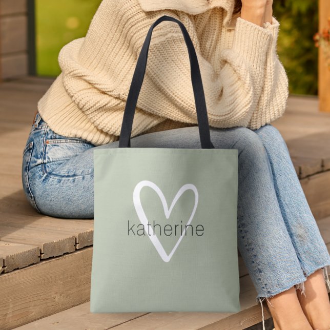 Chic Heart Personalised Sage Green Tote Bag (Custom Tote Bag by PartyInvitationShop.com)