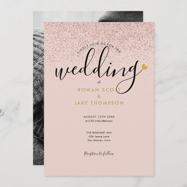 Chic Heart Rose Gold Glitter Photo Wedding Invitation (Front/Back)