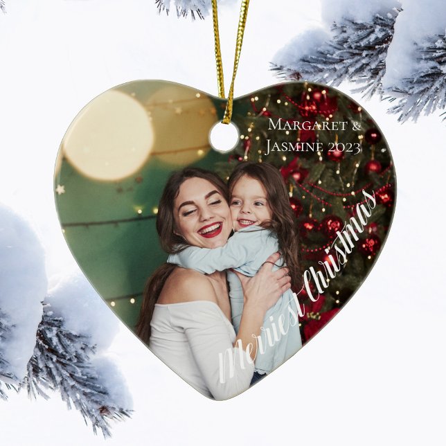 Chic Heart Shaped Photo Merriest Christmas Ceramic Ornament (Creator Uploaded)