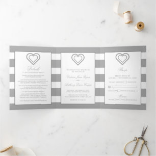 Chic Heart, Silver Striped Wedding Suite Tri-Fold Invitation
