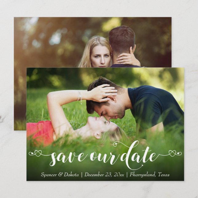 Chic Heart Style Handwritten Script Modern 2 Photo Save The Date (Front/Back)