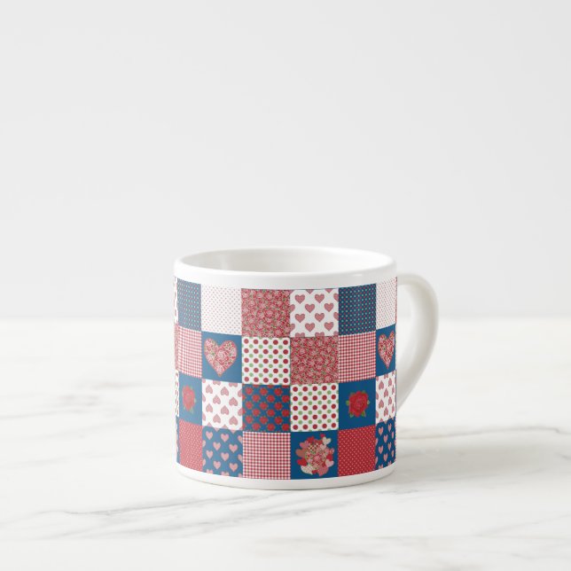 Chic Hearts and Roses Faux Patchwork Espresso Mug (Front Right)
