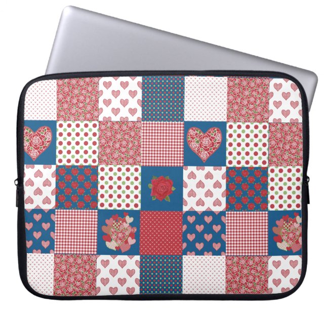 Chic Hearts and Roses Faux Patchwork Laptop Sleeve (Front)