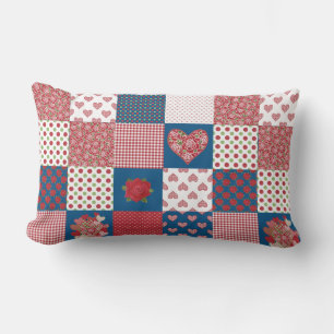 Chic Hearts and Roses Faux Patchwork Lumbar Pillow