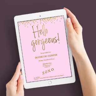 Chic Hello Gorgeous Galentine Gold Confetti Pink Invitation