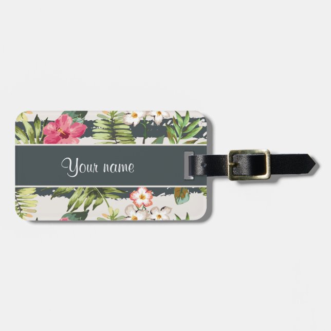 Chic Hibiscus Flowers and Stripes Luggage Tag (Front Horizontal)