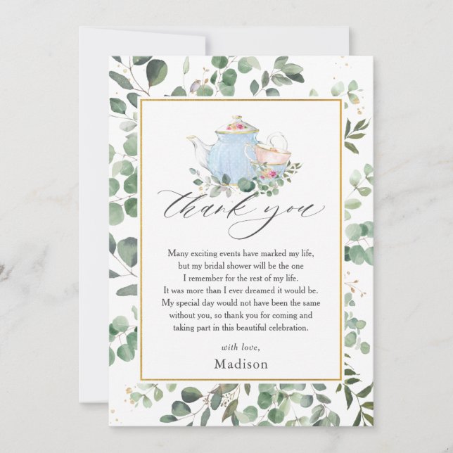 Chic High Tea Party Greenery Bridal Shower  Thank You Card (Front)