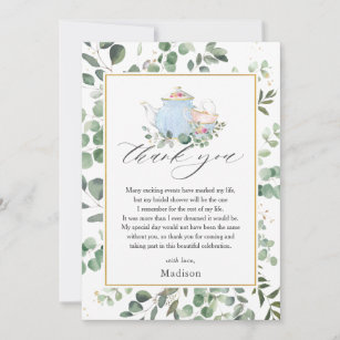 Chic High Tea Party Greenery Bridal Shower  Thank You Card