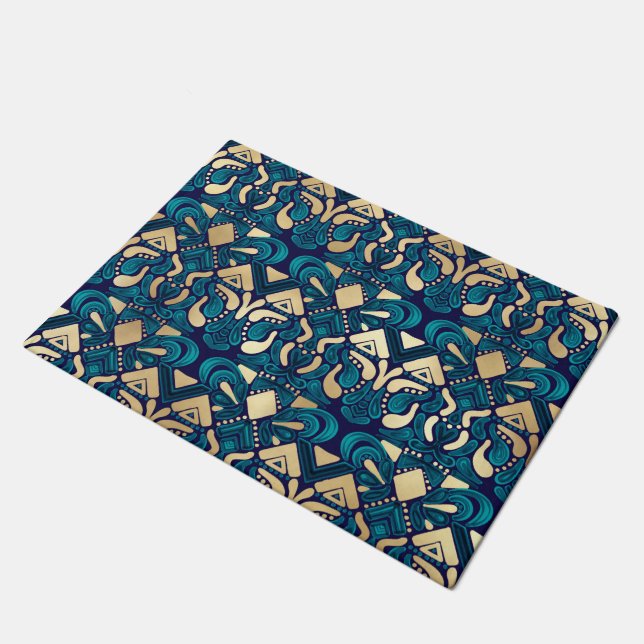 Chic Hipster Gold Emerald Blue Tribal Artsy Damask Doormat (Angled)