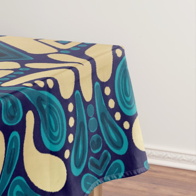 Chic Hipster Gold Emerald Blue Tribal Artsy Damask Tablecloth (In Situ)