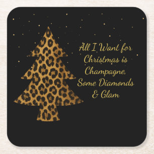 Chic Holiday Leopard Tree Design Square Paper Coaster
