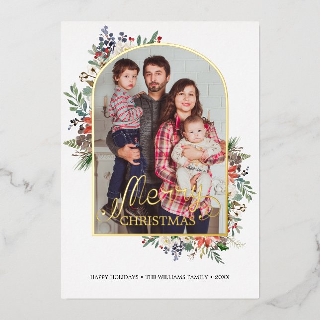 Chic Holly Berries Arch Frame Photo Year in Review Foil Holiday Card (Front)