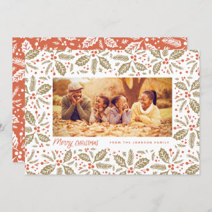 Chic Holly Frame Photo Christmas Holiday Card