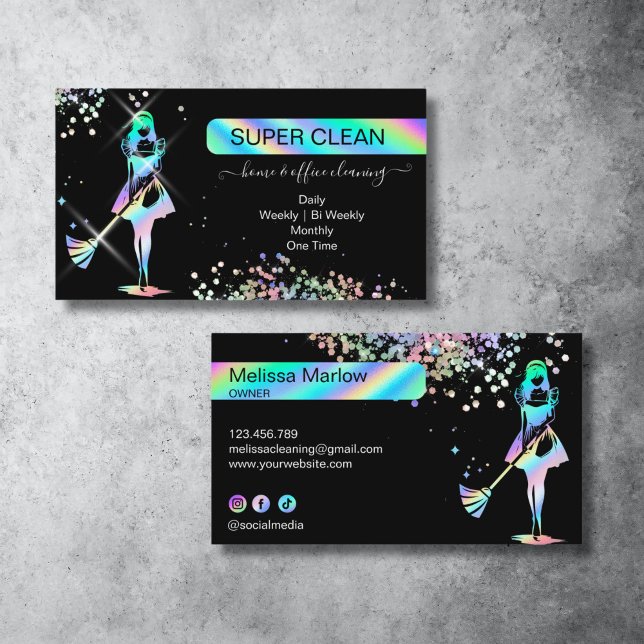 Chic Holograph Glitter Maid Cleaning Housekeeping Business Card (Creator Uploaded)