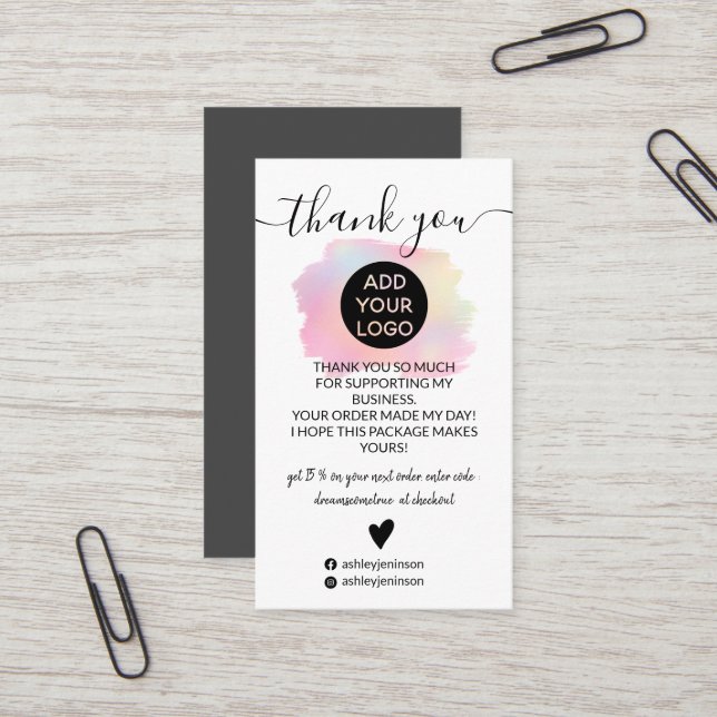 Chic Holographic brushstroke logo order thank you Business Card (Front/Back In Situ)