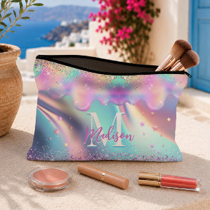 Chic holographic dripping glitter monogram accessory pouch