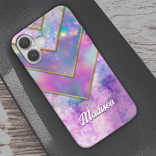 Chic holographic girly stylish pink iPhone 16 case