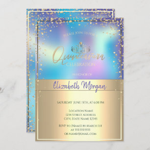 Chic Holographic Gold Tiara,Diamonds Quinceañera Invitation