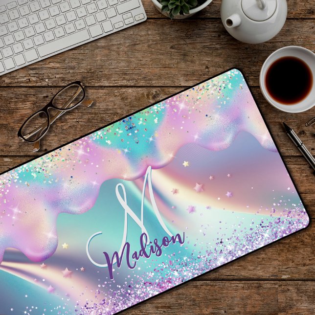 Chic holographic unicorn dripping glitter monogram desk mat (Creator Uploaded)