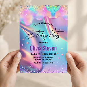 Chic holographic unicorn dripping glitter monogram invitation
